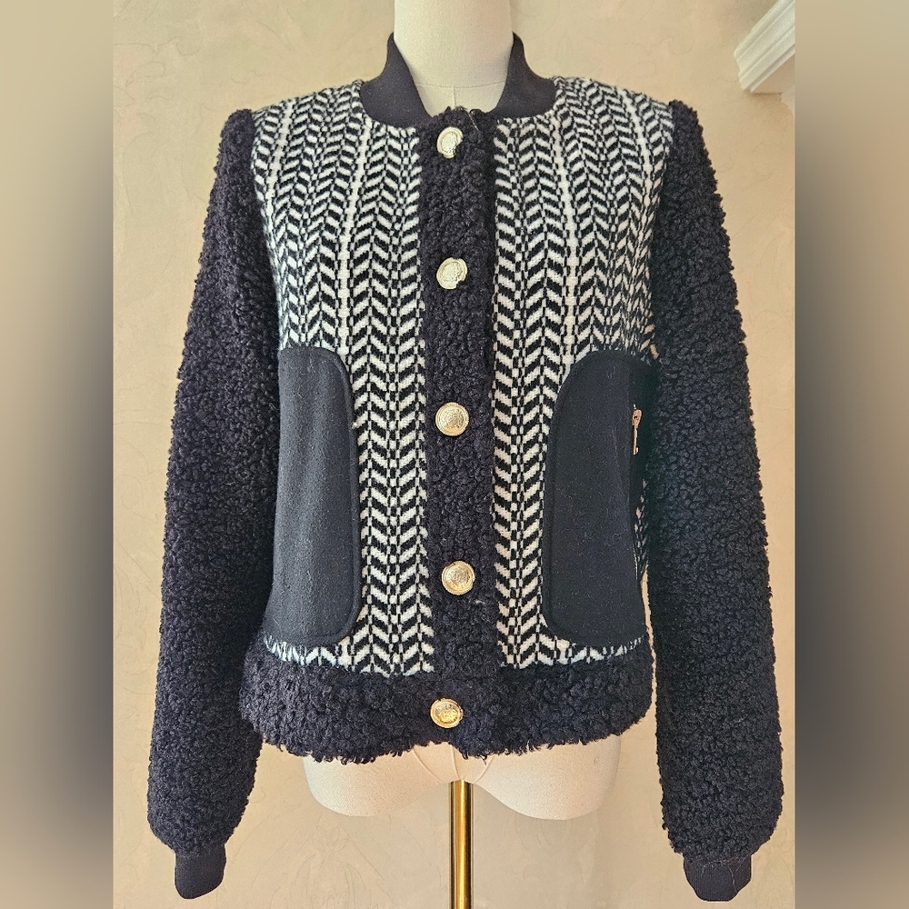 7 Seven For All Mankind Black & White Chevron Teddy Sherpa Coat-Size Medium - Picture 3 of 9